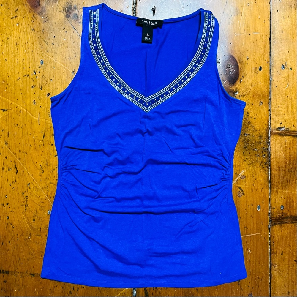 Size S White House Black Market royal blue sparkle tank top ruched rhinestone